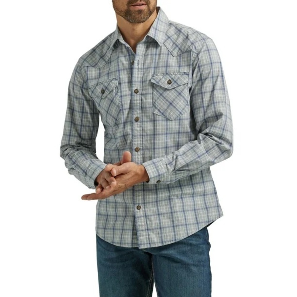 3X Wrangler Men’s Slim Fit Long Sleeve Woven Shirt Plus Sizes Blue Plaid Button